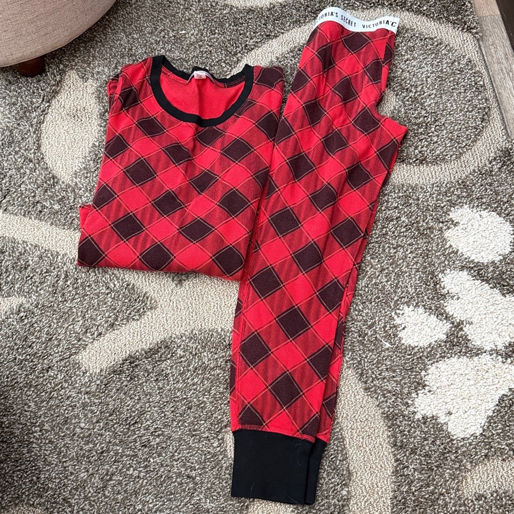 Victoria's Secret Red Buffalo Plaid Waffle Knit Pajama Set M